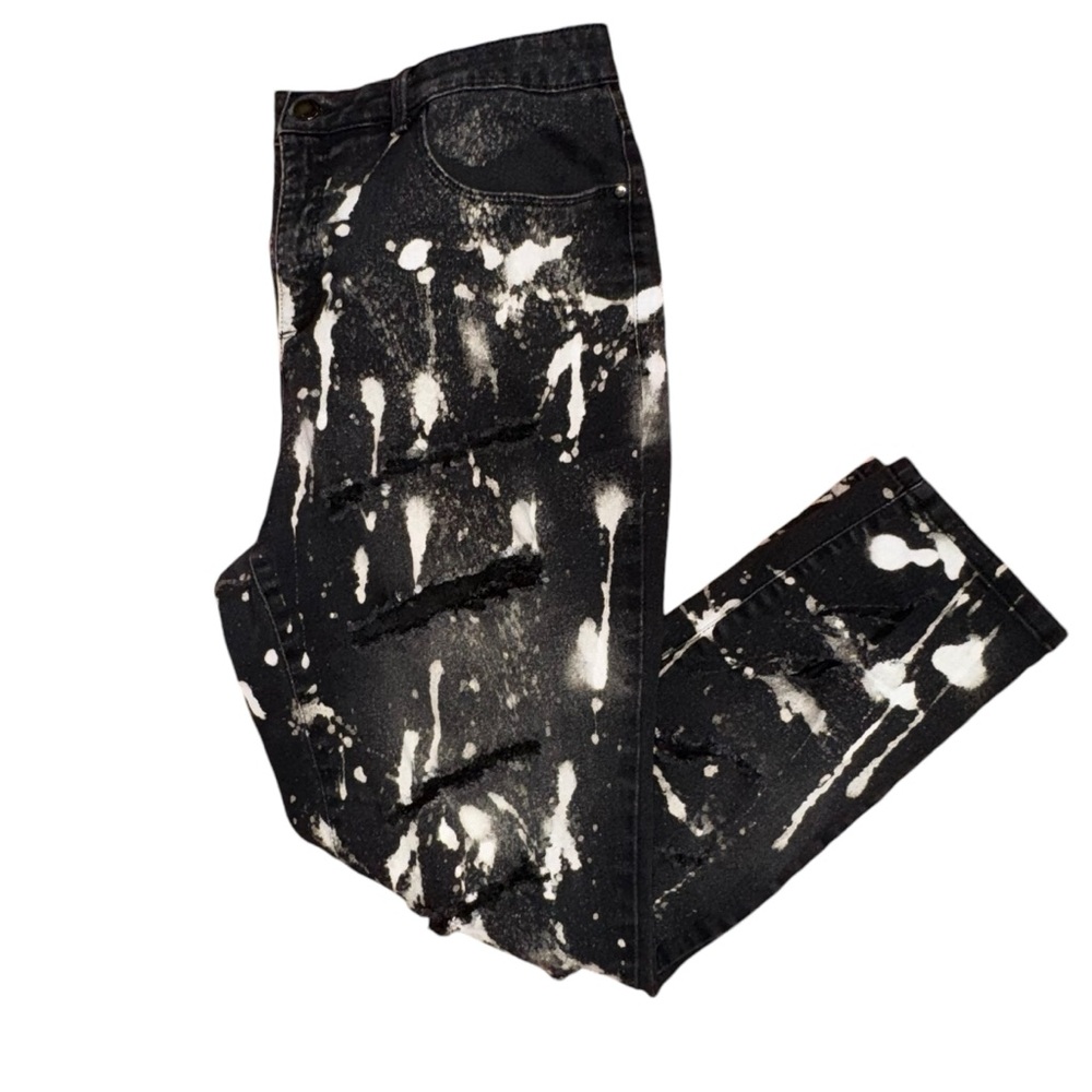 Black Distressed Hand Bleach Skinny Jeans.